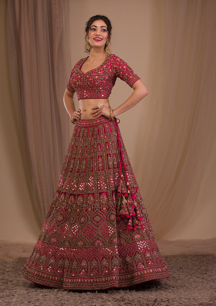 Rani Pink Stonework Net Readymade Lehenga-Koskii