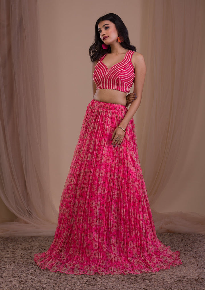 Rani Pink Cutdana Tissue Readymade Lehenga-Koskii