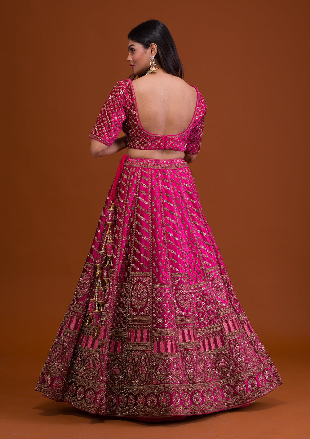 Rani Pink Stonework Velvet Readymade Lehenga-Koskii