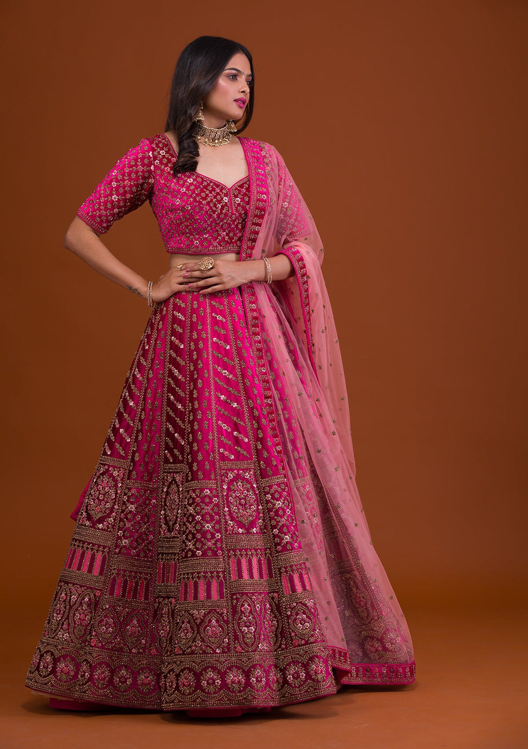 Rani Pink Stonework Velvet Readymade Lehenga-Koskii