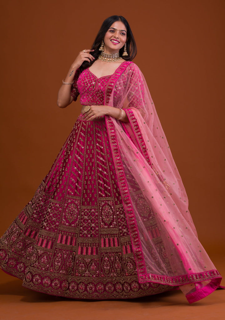 Rani Pink Stonework Velvet Readymade Lehenga-Koskii