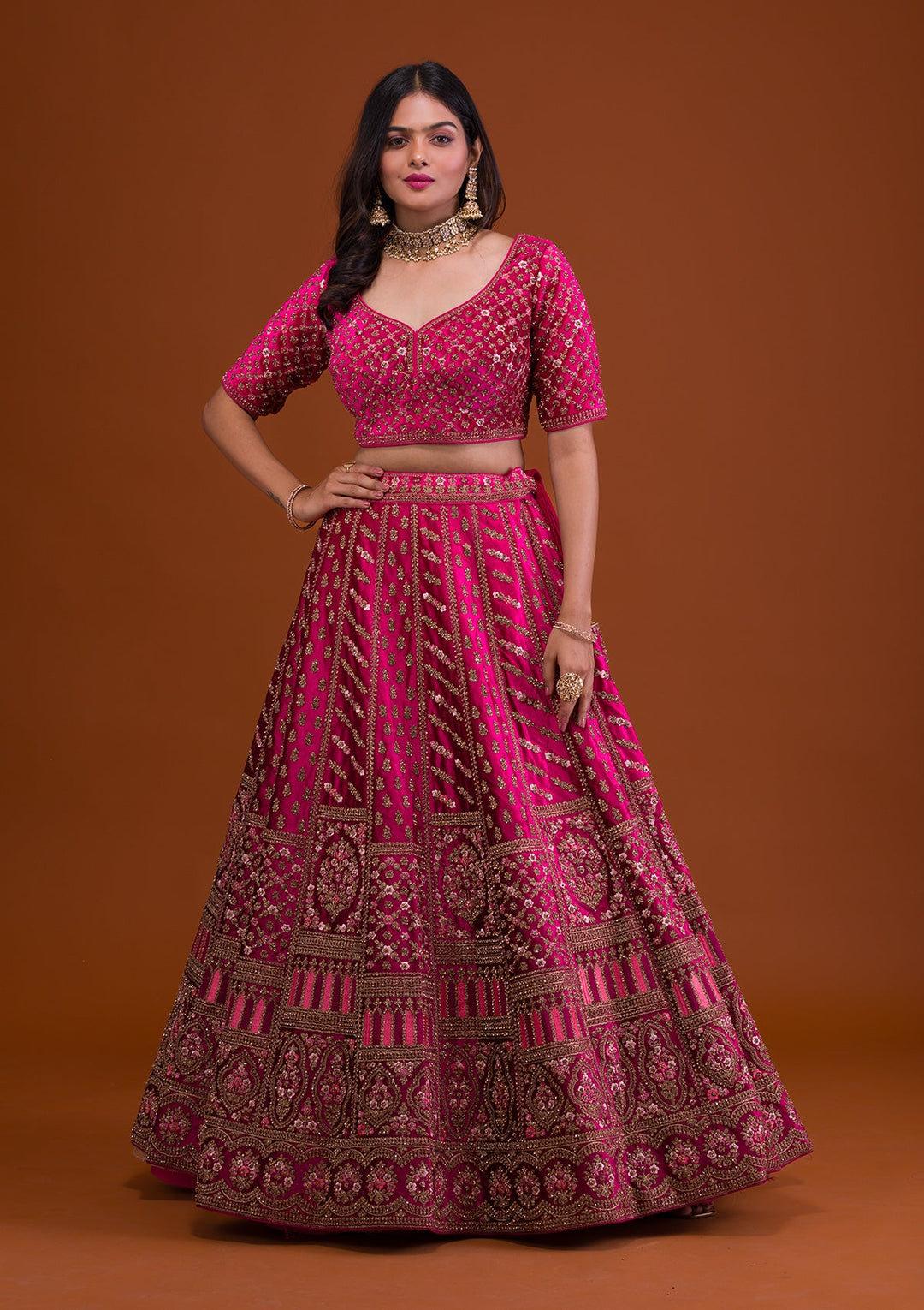 Rani Pink Stonework Velvet Readymade Lehenga-Koskii