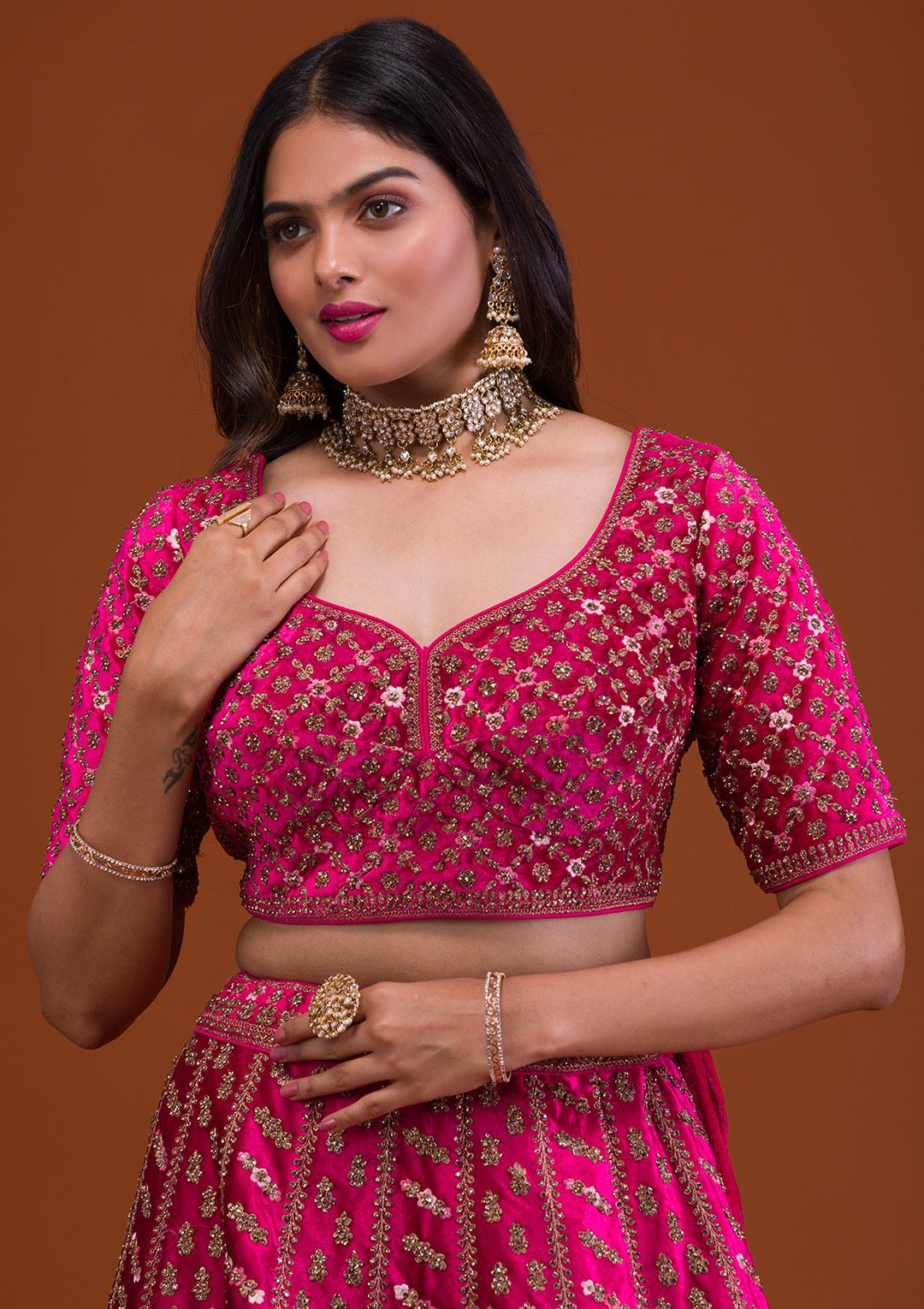 Rani Pink Stonework Velvet Readymade Lehenga-Koskii