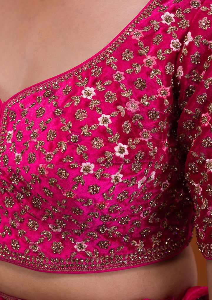 Rani Pink Stonework Velvet Readymade Lehenga-Koskii