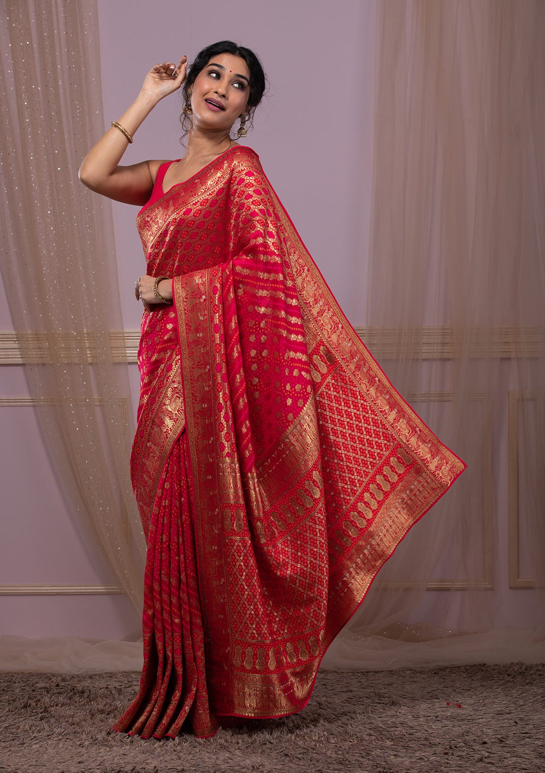 Rani Pink Swarovski Banarasi Saree-Koskii