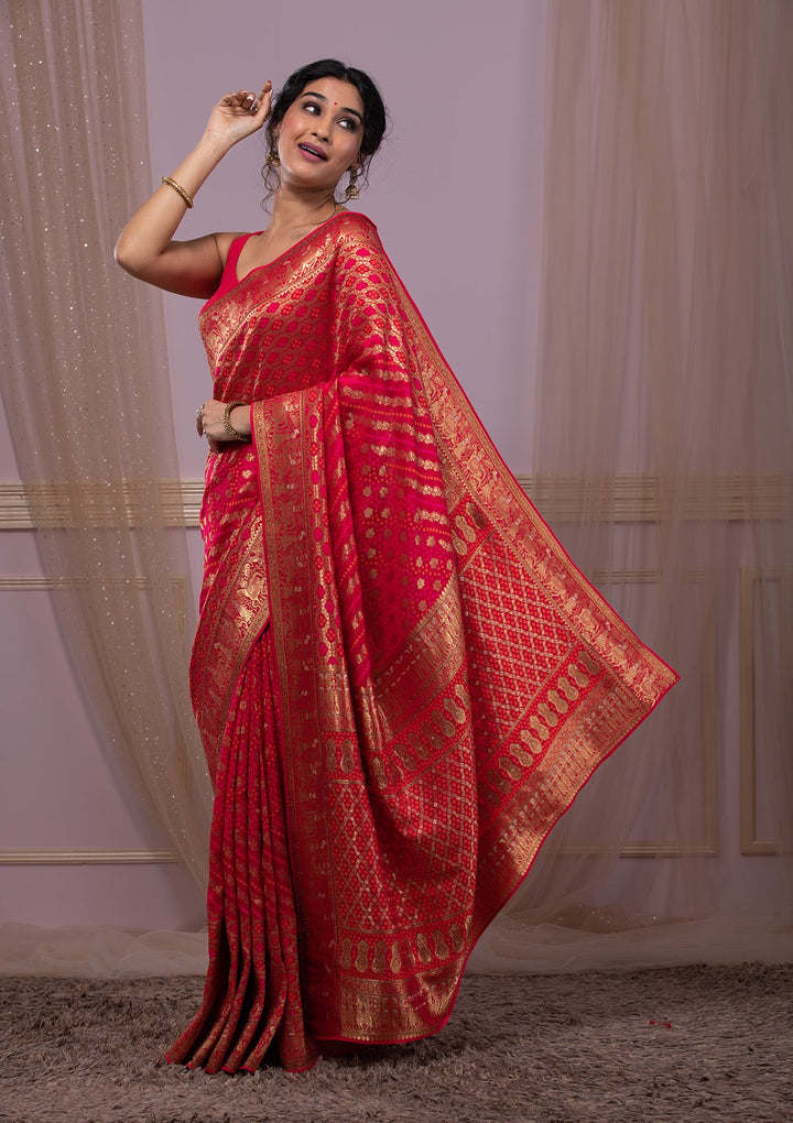 Rani Pink Swarovski Banarasi Saree-Koskii