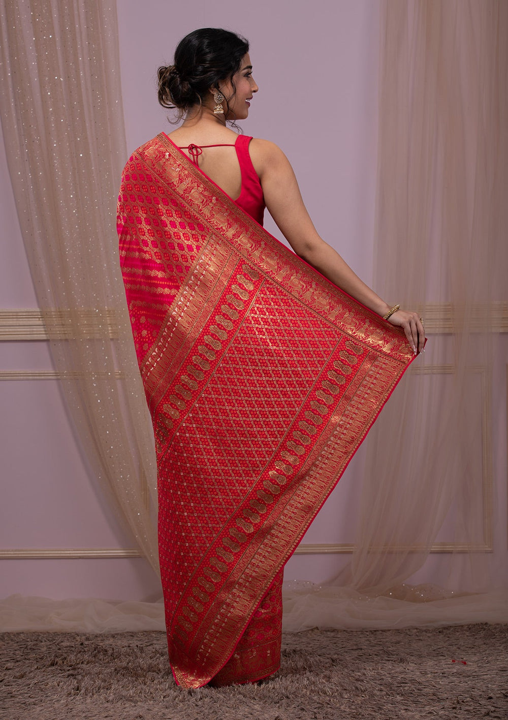 Rani Pink Swarovski Banarasi Saree-Koskii