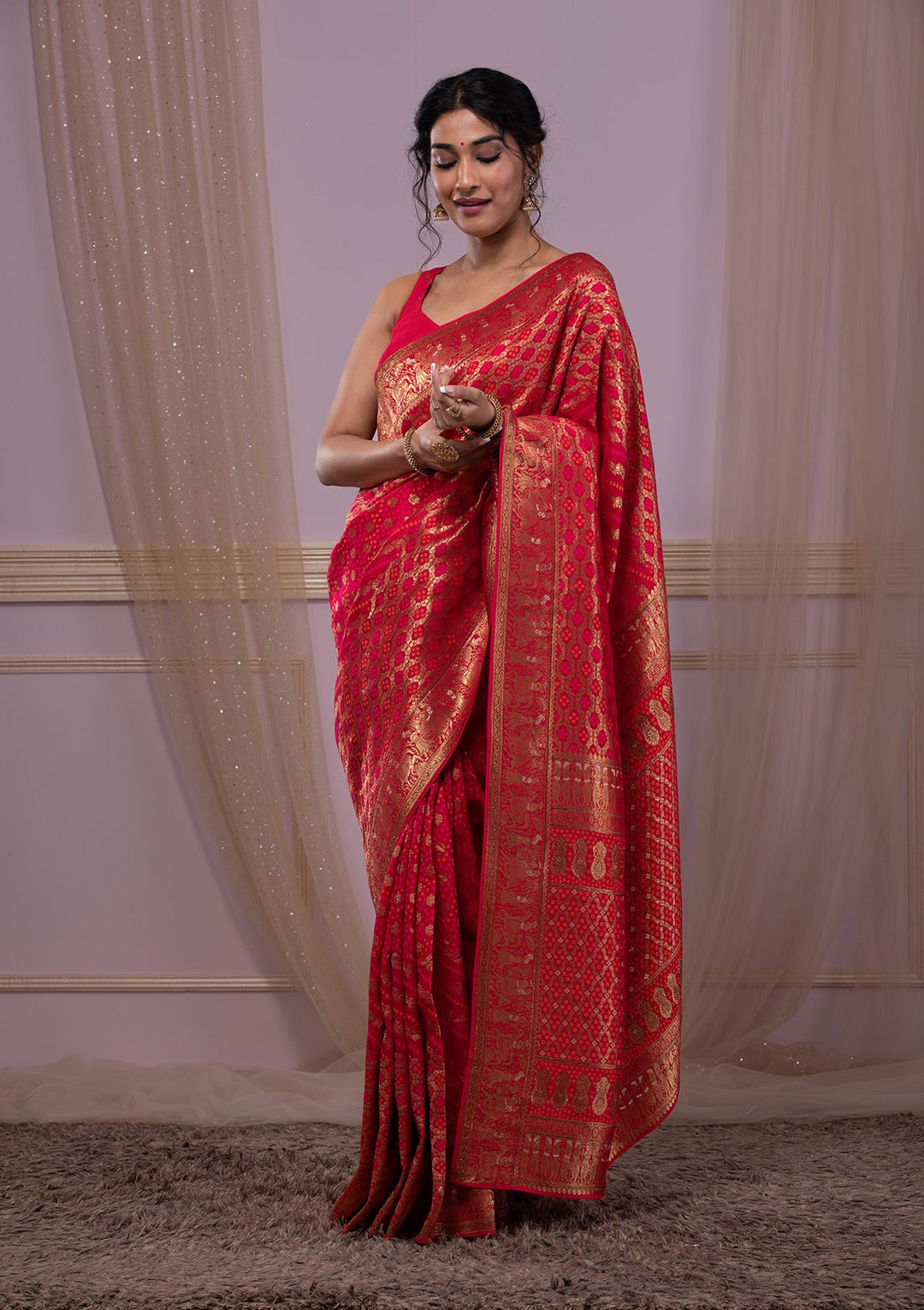 Rani Pink Swarovski Banarasi Saree-Koskii