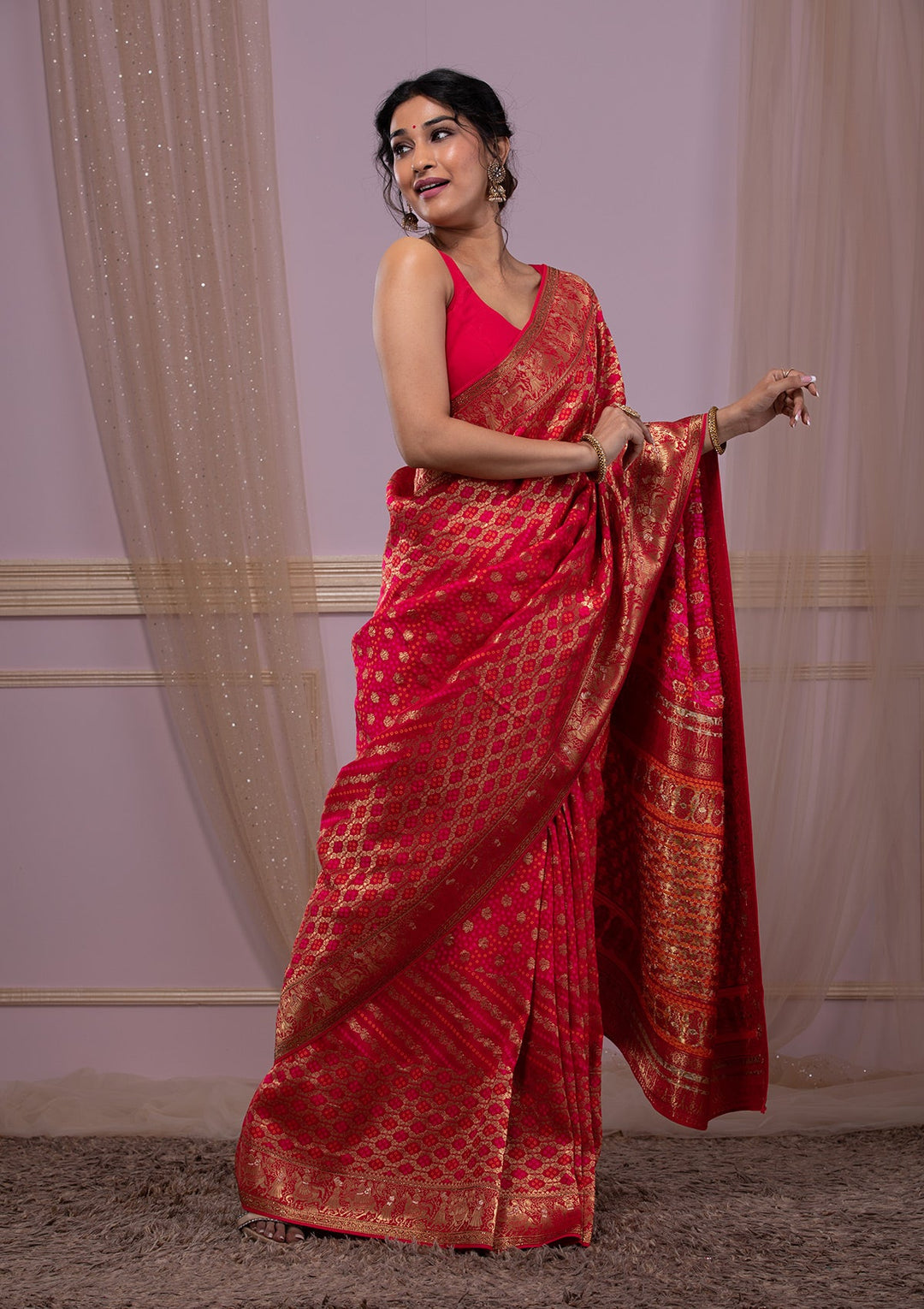 Rani Pink Swarovski Banarasi Saree-Koskii