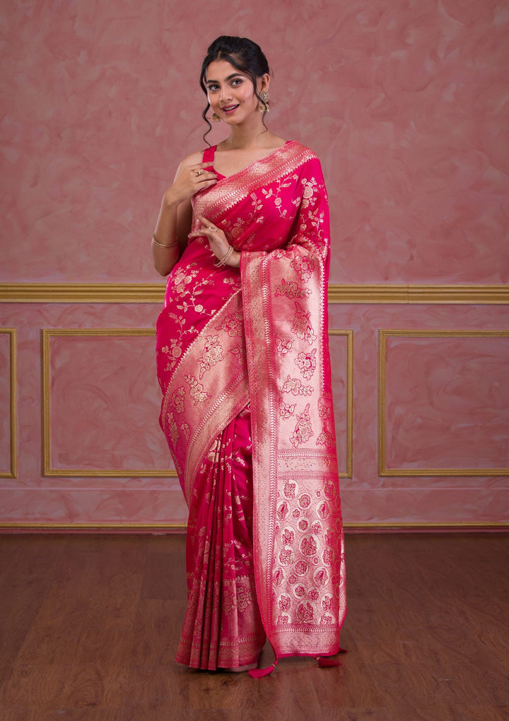 Rani Pink Swarovski Banarasi Saree-Koskii