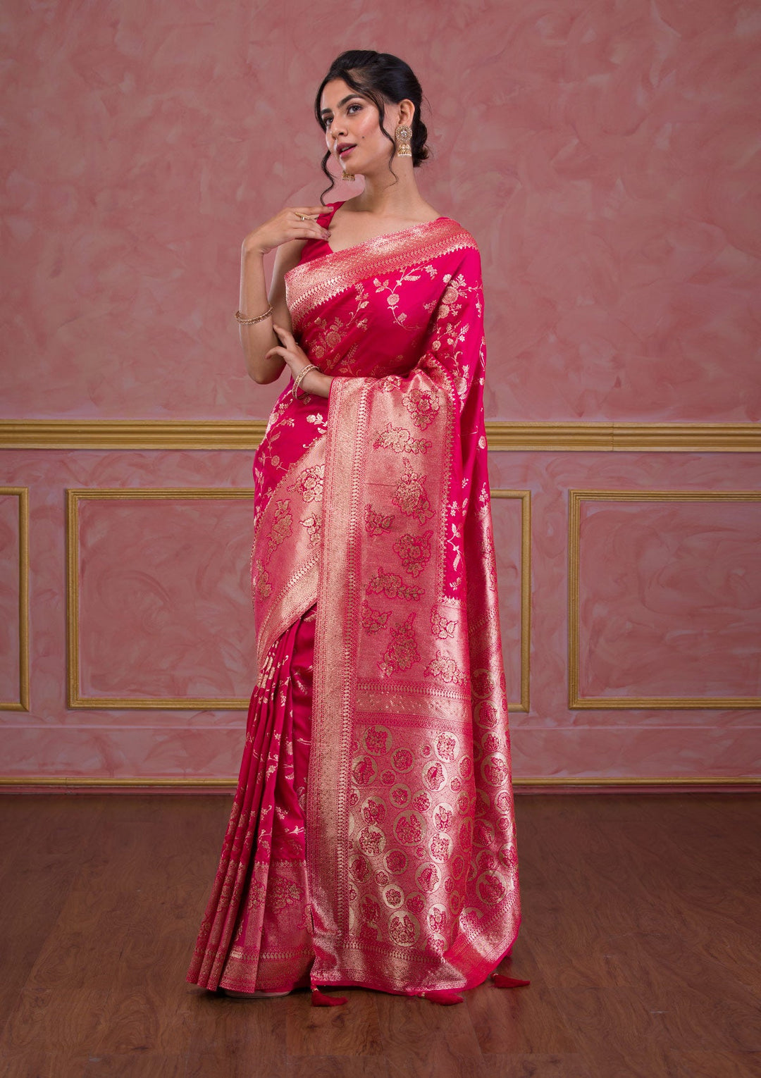 Rani Pink Swarovski Banarasi Saree-Koskii