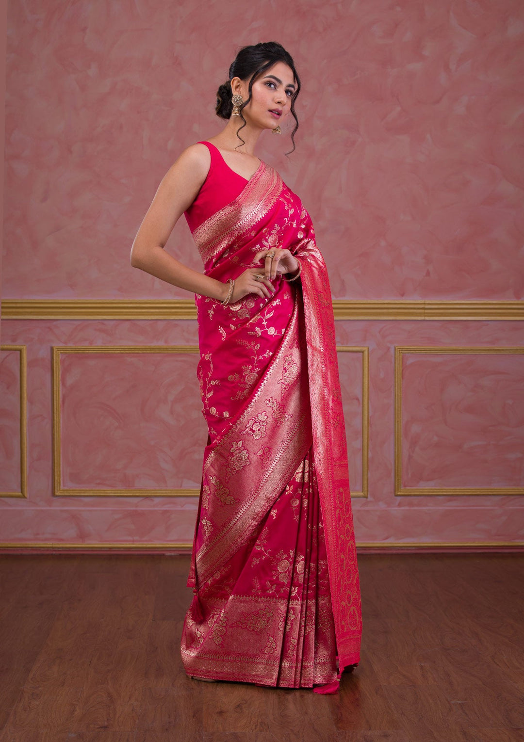 Rani Pink Swarovski Banarasi Saree-Koskii