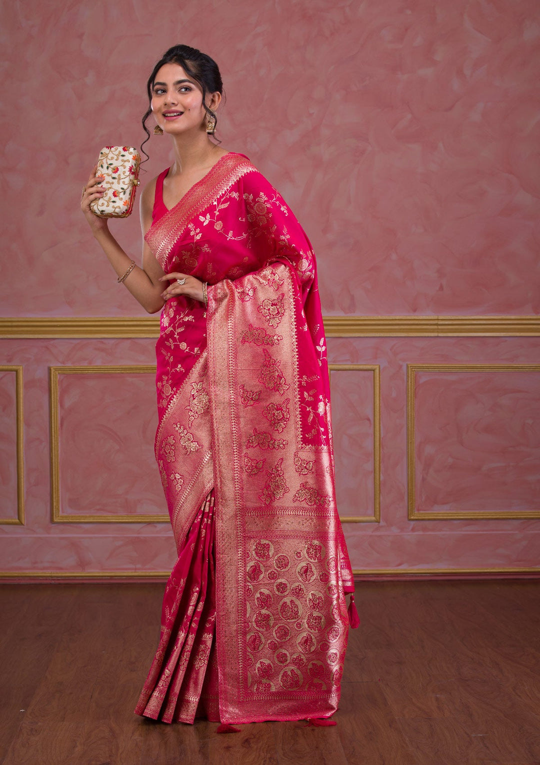 Rani Pink Swarovski Banarasi Saree-Koskii