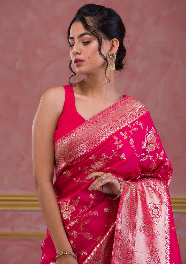 Rani Pink Swarovski Banarasi Saree-Koskii