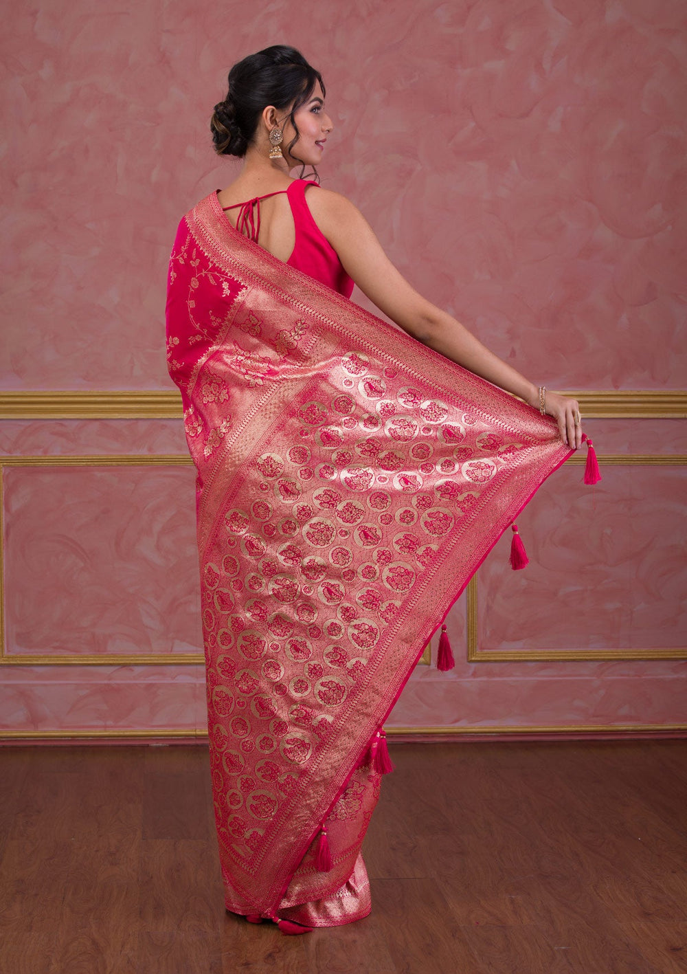 Rani Pink Swarovski Banarasi Saree-Koskii