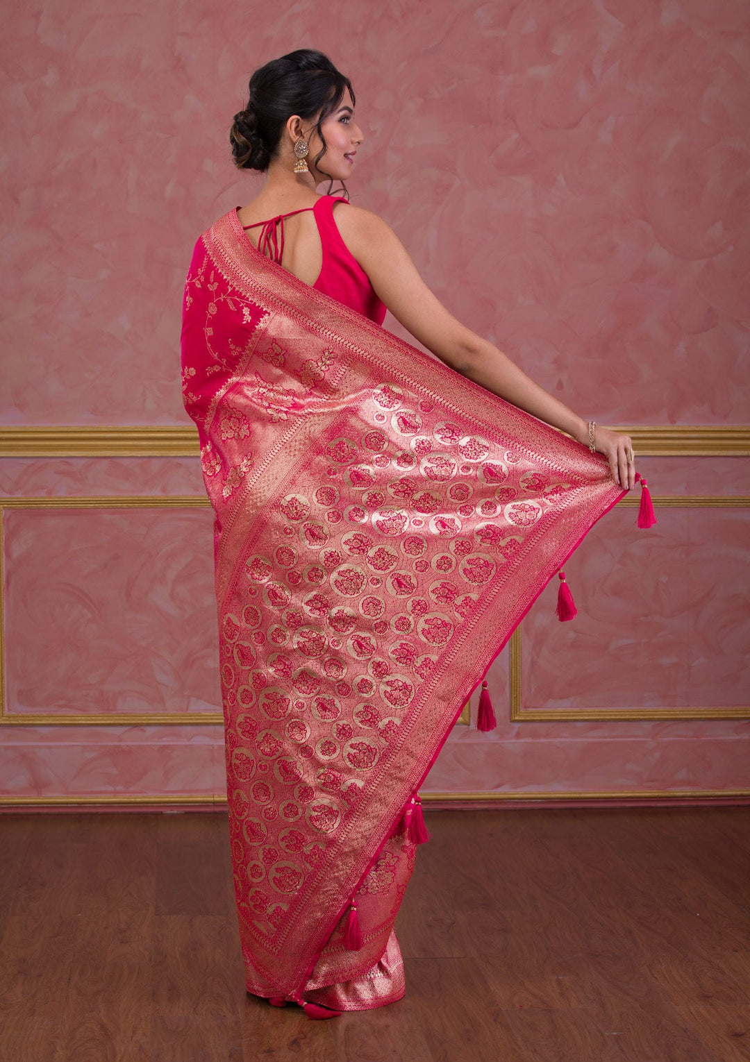 Rani Pink Swarovski Banarasi Saree-Koskii