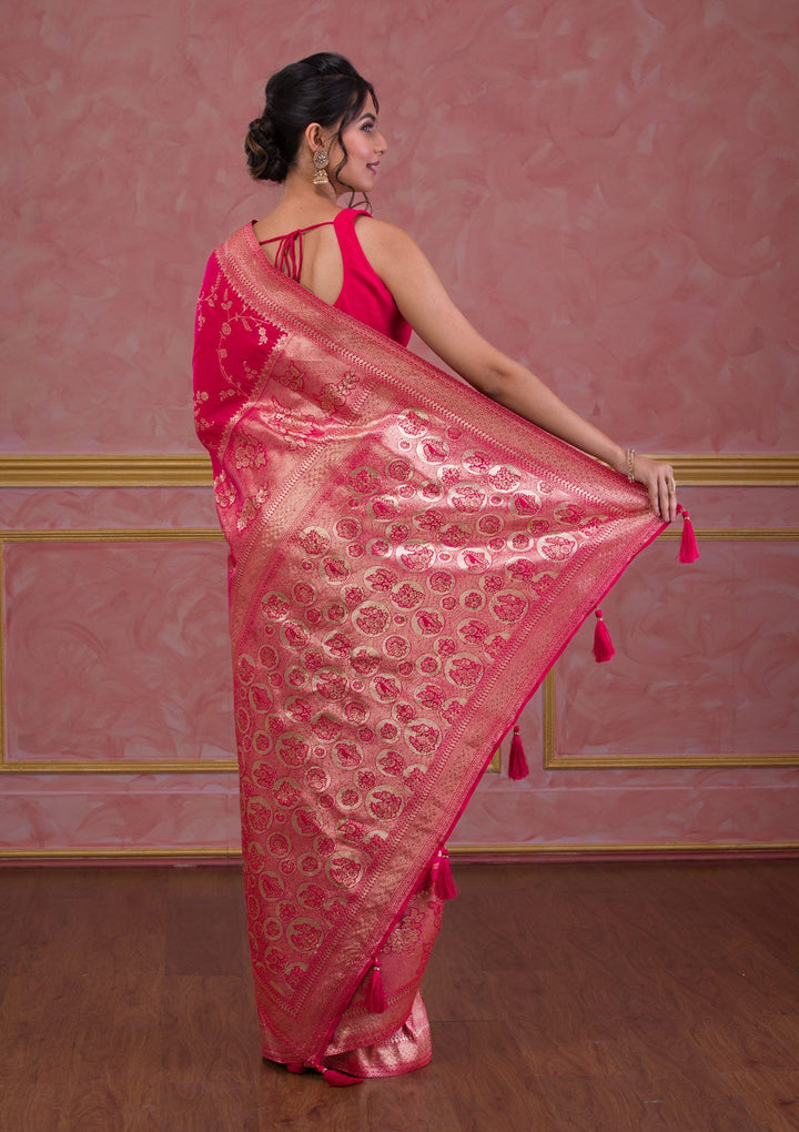 Rani Pink Swarovski Banarasi Saree-Koskii