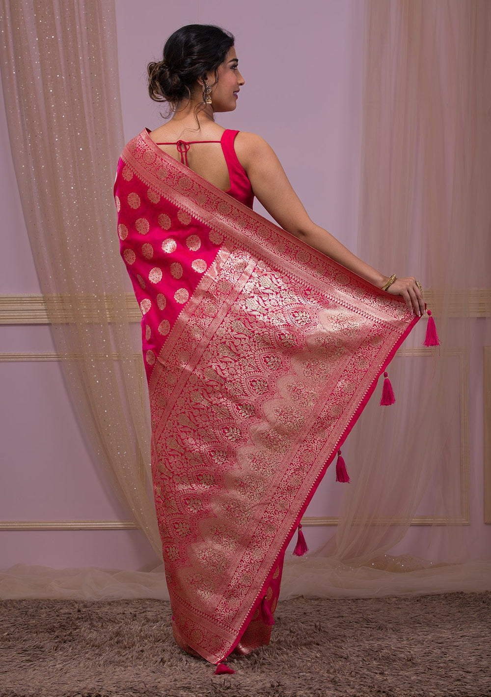 Rani Pink Swarovski Banarasi Saree-Koskii
