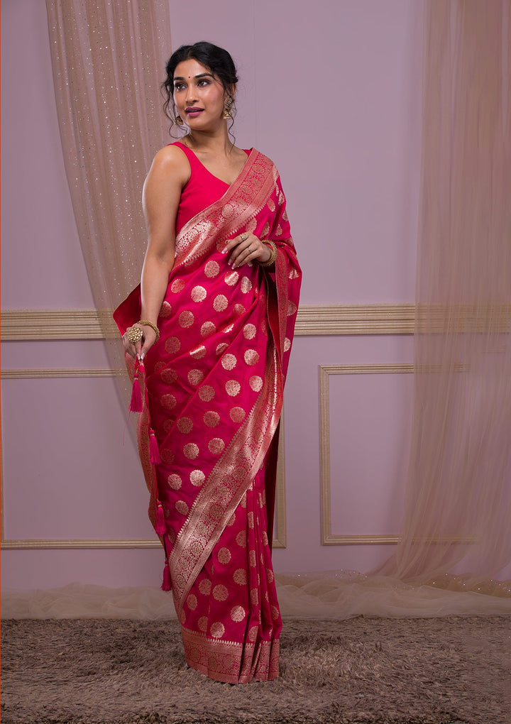 Rani Pink Swarovski Banarasi Saree-Koskii