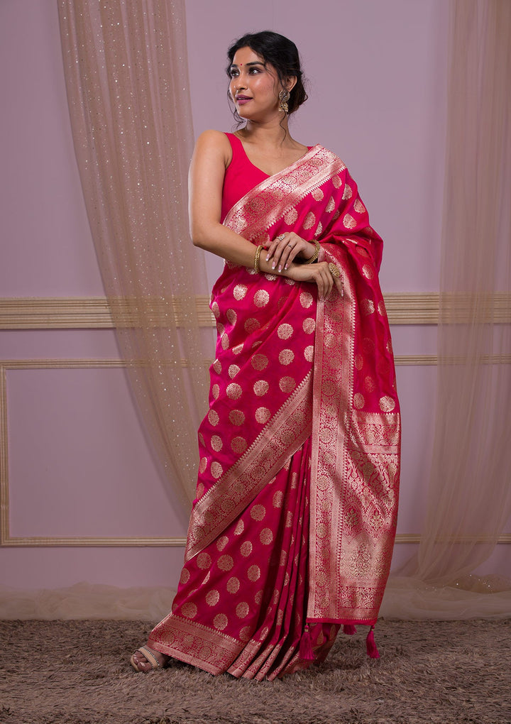 Rani Pink Swarovski Banarasi Saree-Koskii