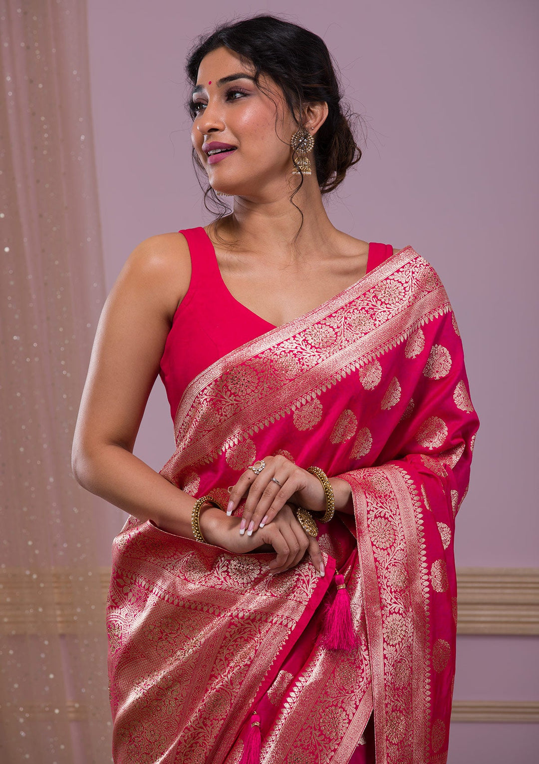 Rani Pink Swarovski Banarasi Saree-Koskii