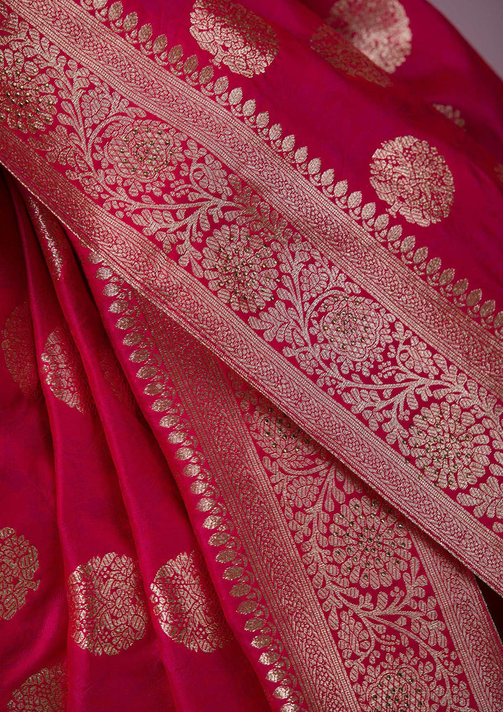 Rani Pink Swarovski Banarasi Saree-Koskii