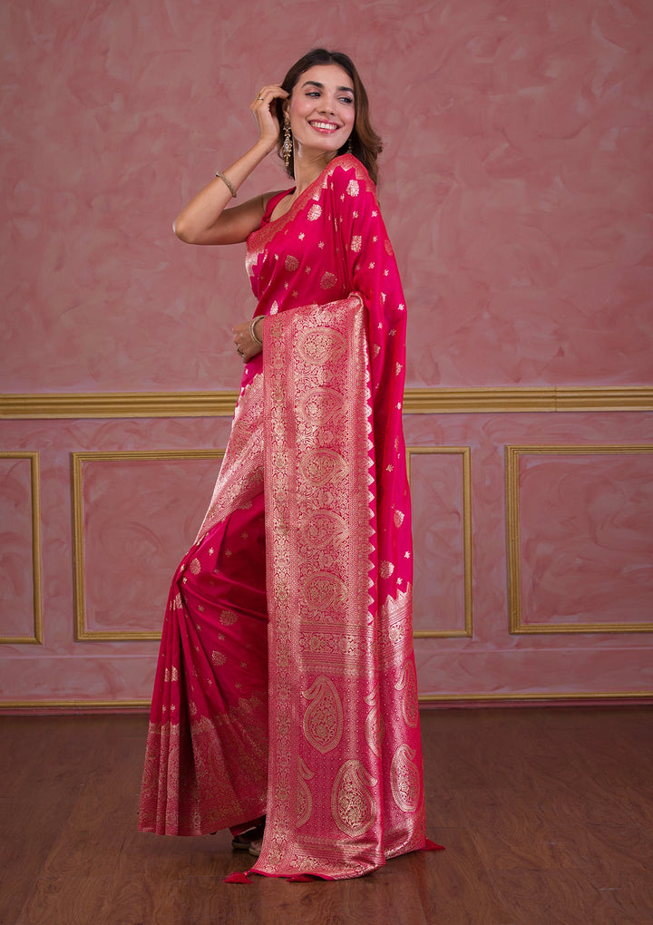 Rani Pink Swarovski Banarasi Saree-Koskii