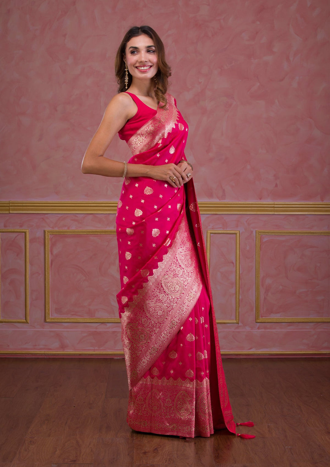 Rani Pink Swarovski Banarasi Saree-Koskii