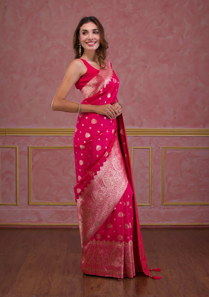 Rani Pink Swarovski Banarasi Saree-Koskii