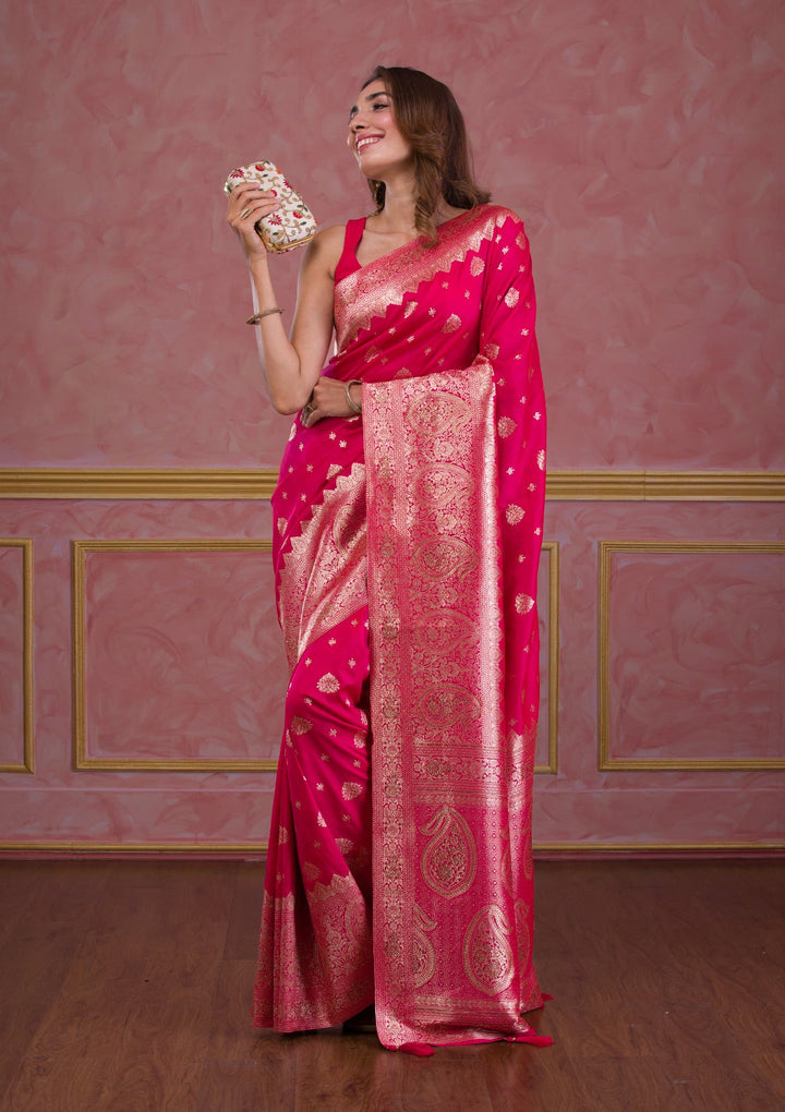Rani Pink Swarovski Banarasi Saree-Koskii