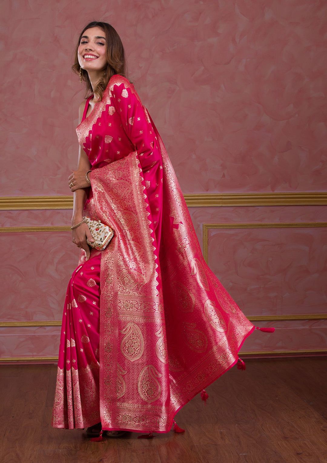 Rani Pink Swarovski Banarasi Saree-Koskii