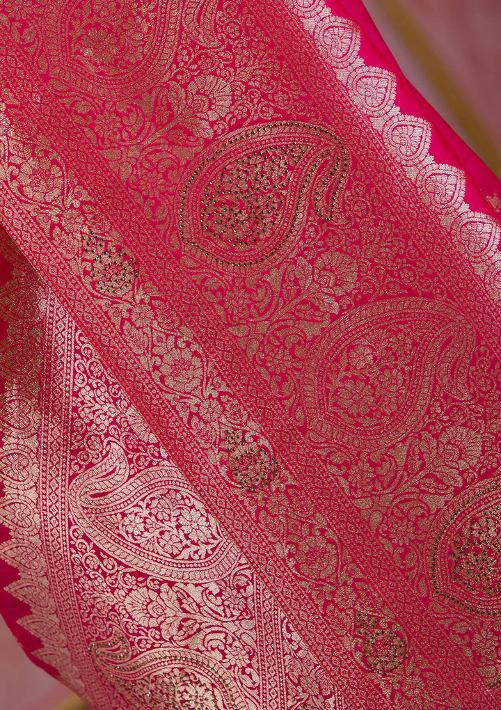 Rani Pink Swarovski Banarasi Saree-Koskii