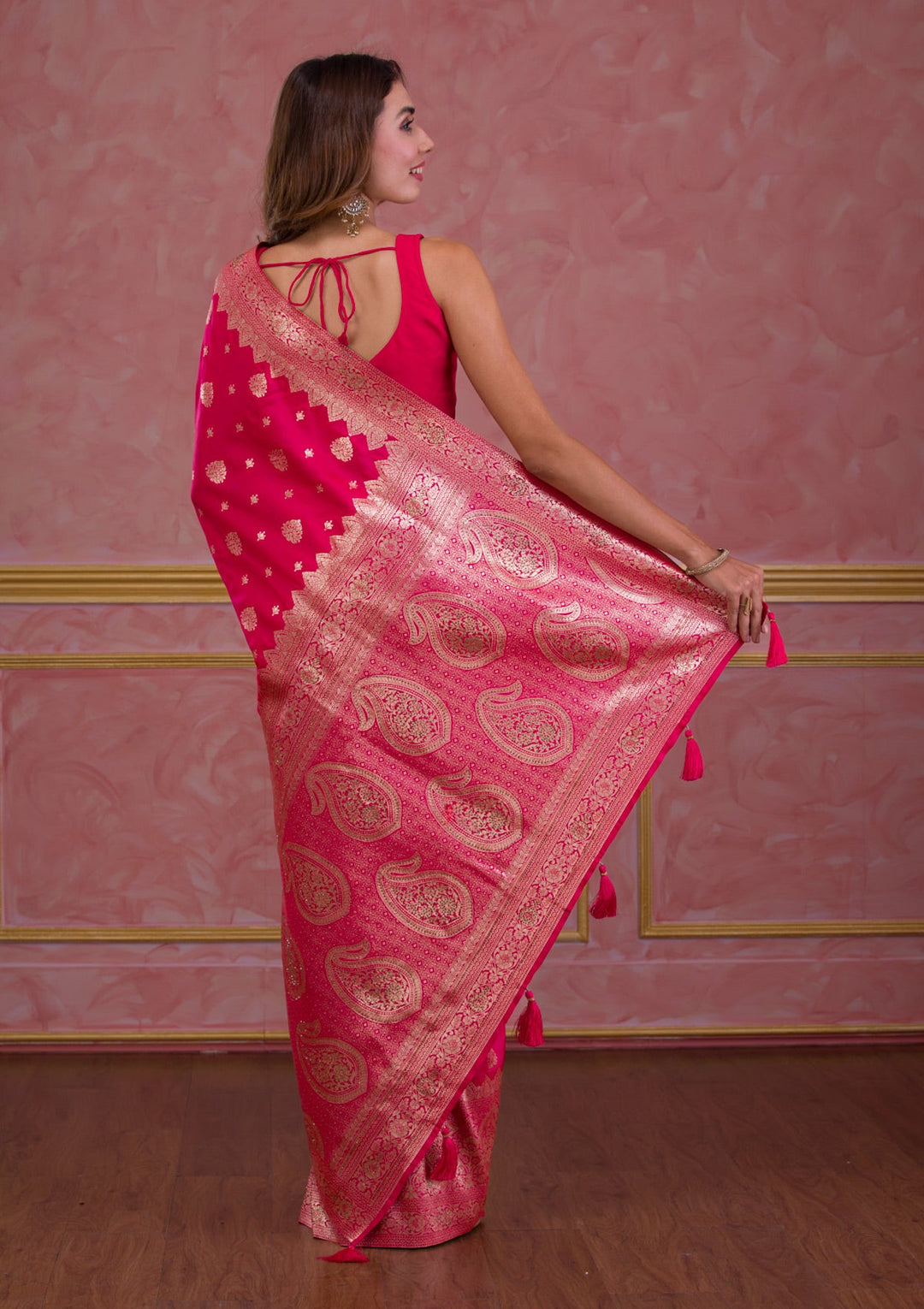 Rani Pink Swarovski Banarasi Saree-Koskii