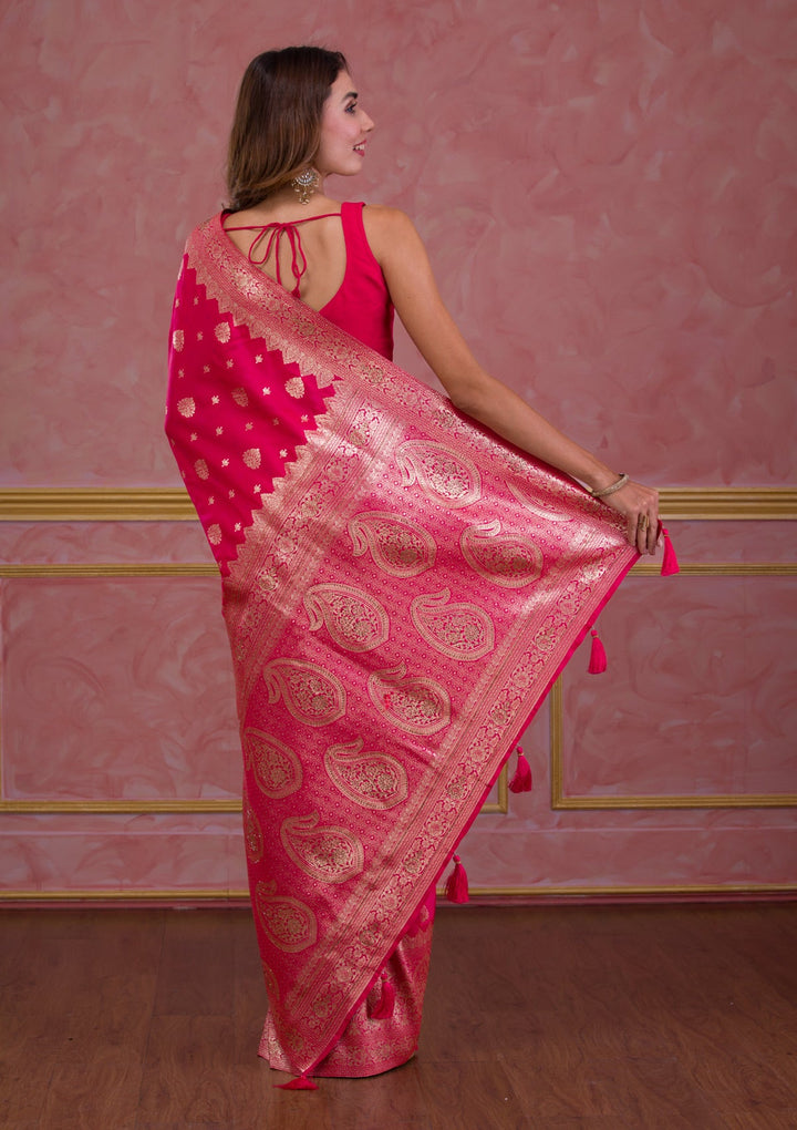 Rani Pink Swarovski Banarasi Saree-Koskii