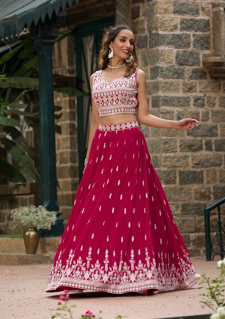 Rani Pink Threadwork Georgette Readymade Lehenga Set-Koskii
