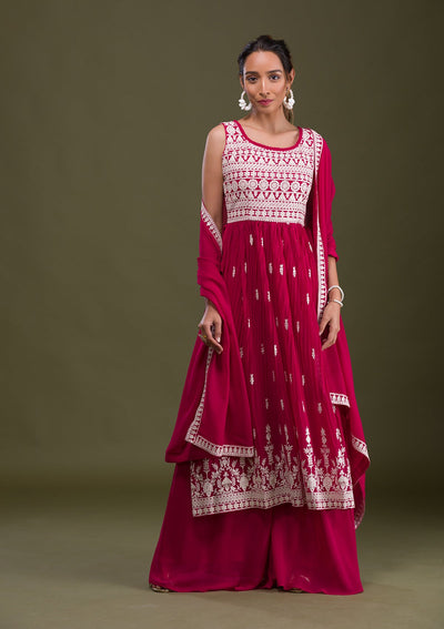 Rani Pink Threadwork Georgette Readymade Salwar Suit-Koskii
