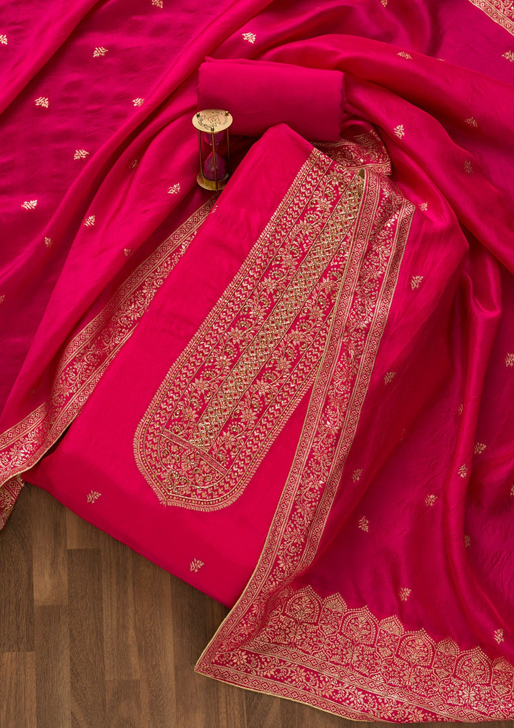 Rani Pink Zariwork Art Silk Unstitched Salwar Kameez-Koskii
