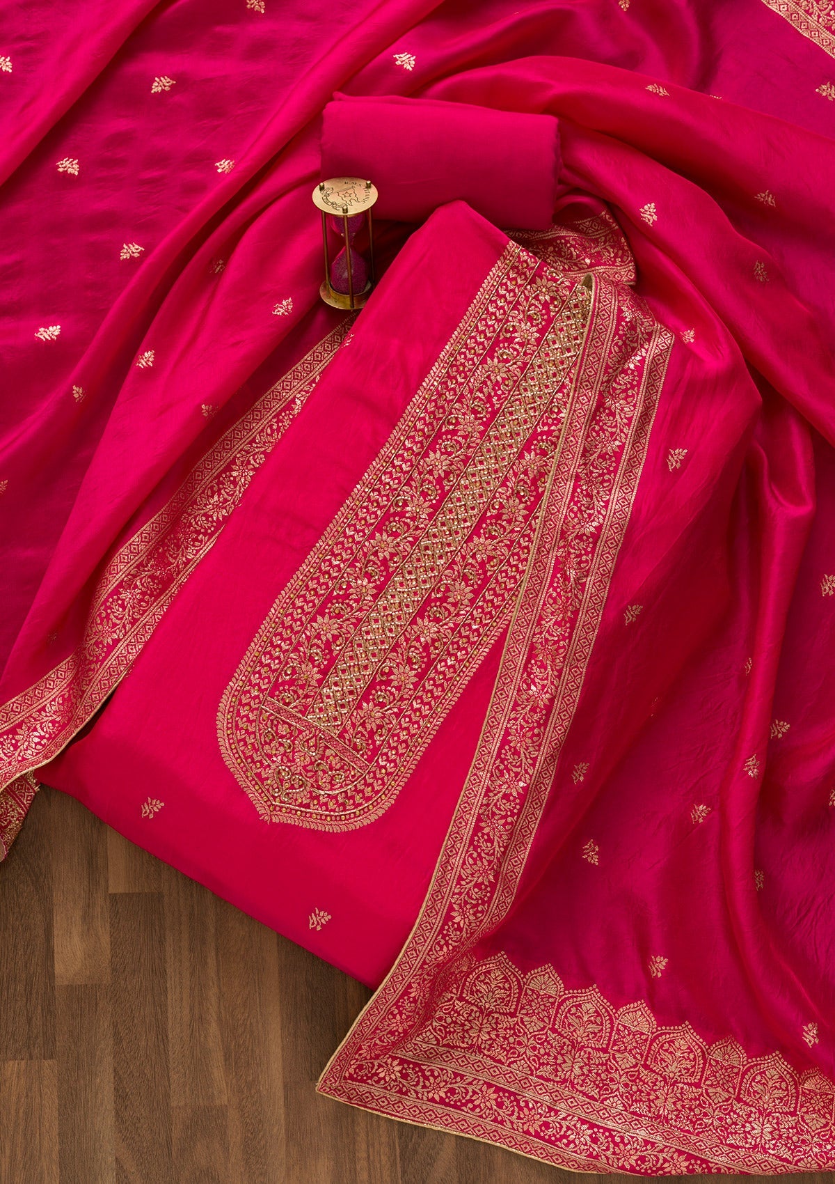 Rani Pink Zariwork Art Silk Unstitched Salwar Kameez-Koskii