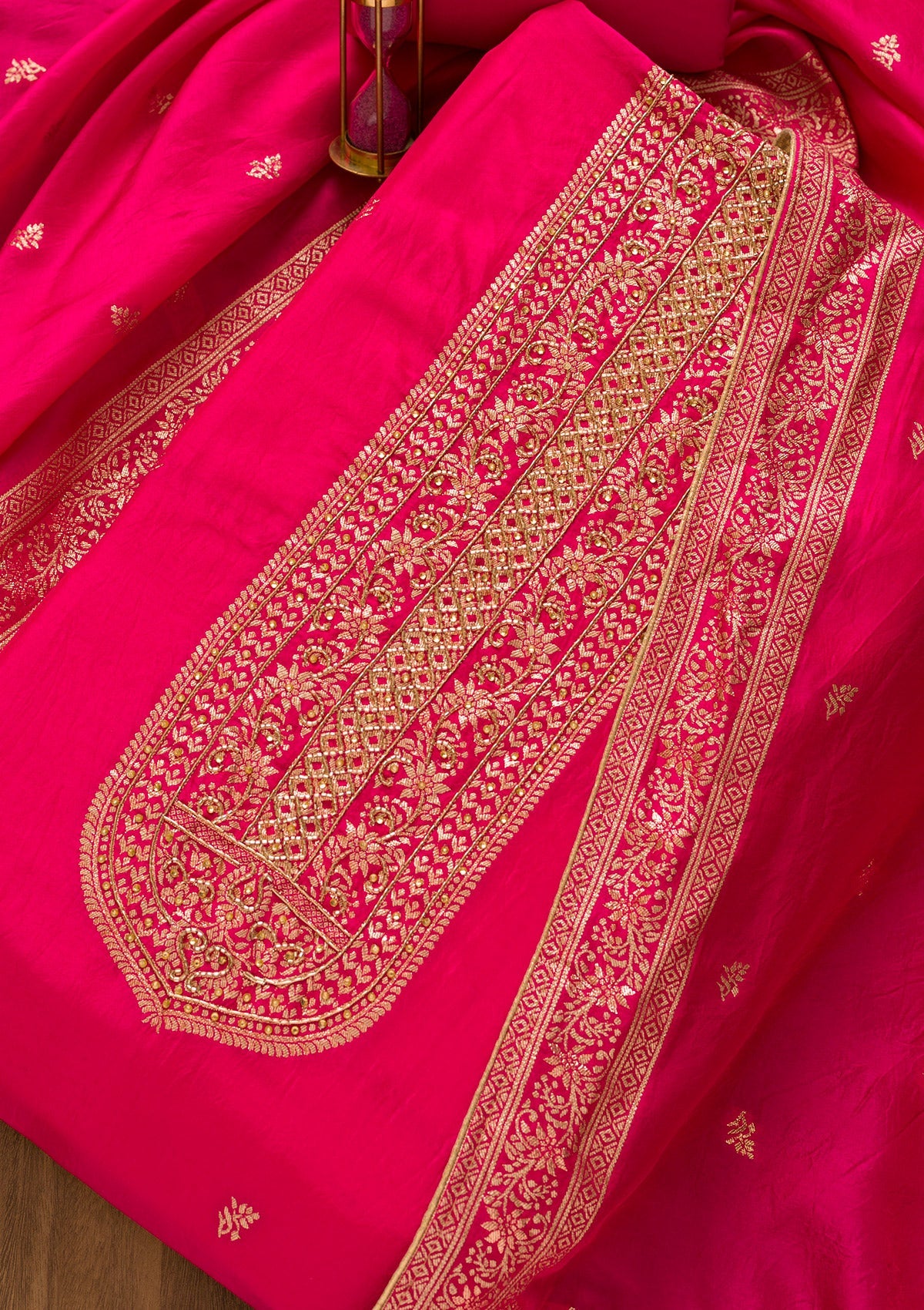 Rani Pink Zariwork Art Silk Unstitched Salwar Kameez-Koskii