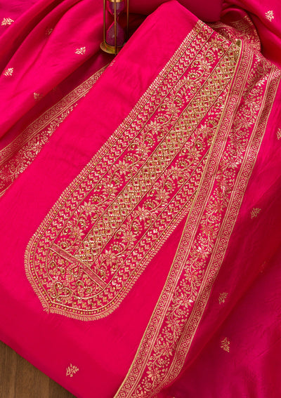 Rani Pink Zariwork Art Silk Unstitched Salwar Kameez-Koskii