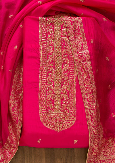 Rani Pink Zariwork Art Silk Unstitched Salwar Kameez-Koskii