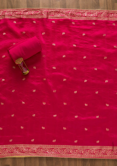 Rani Pink Zariwork Art Silk Unstitched Salwar Kameez-Koskii