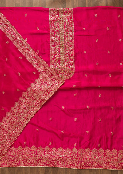 Rani Pink Zariwork Art Silk Unstitched Salwar Kameez-Koskii