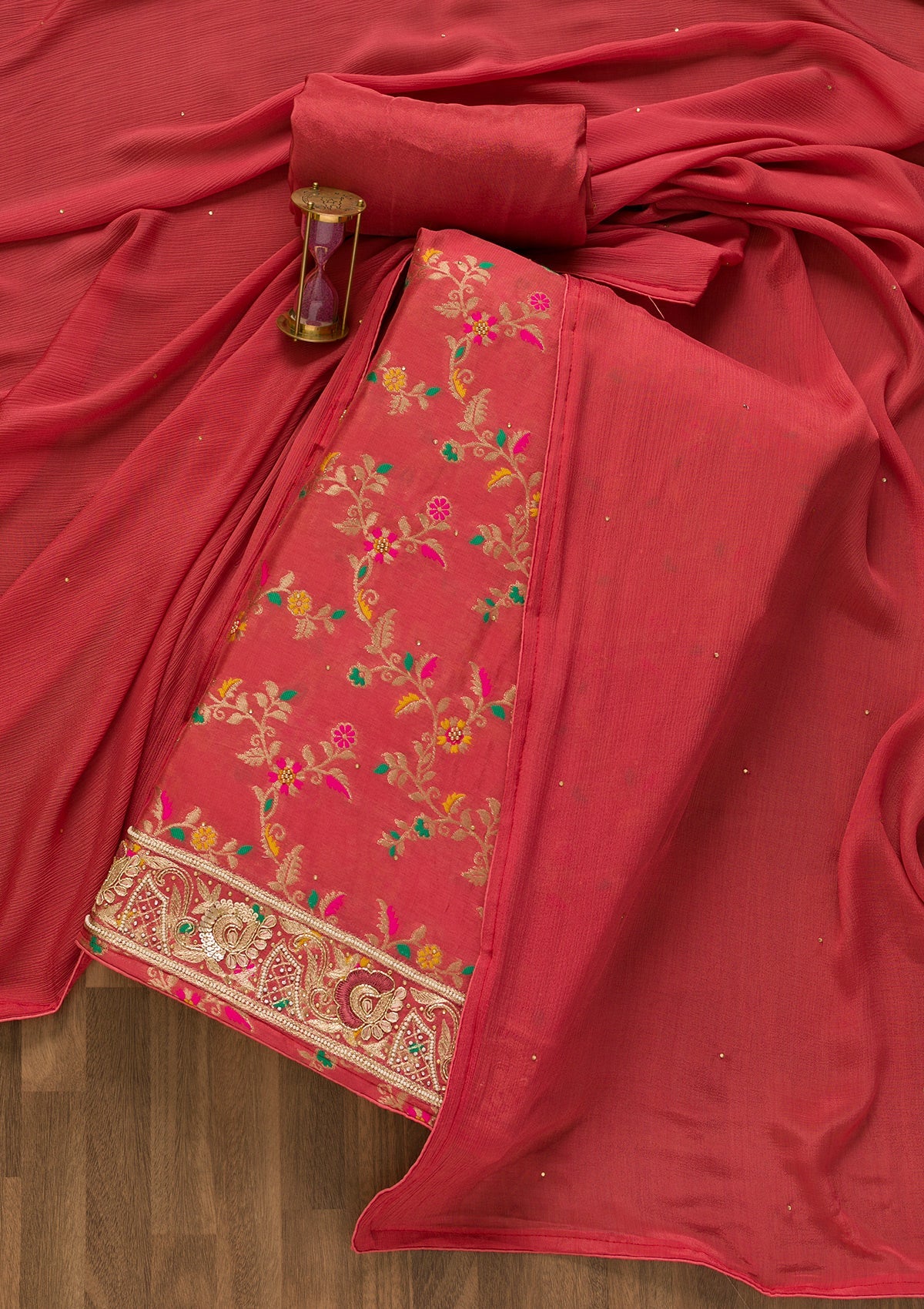 Rani Pink Printed Brocade Unstitched Salwar Kameez-Koskii