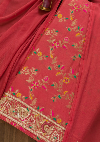 Rani Pink Printed Brocade Unstitched Salwar Kameez-Koskii