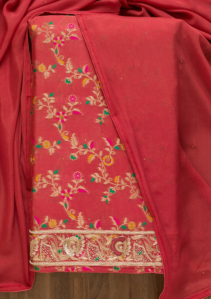 Rani Pink Printed Brocade Unstitched Salwar Kameez-Koskii