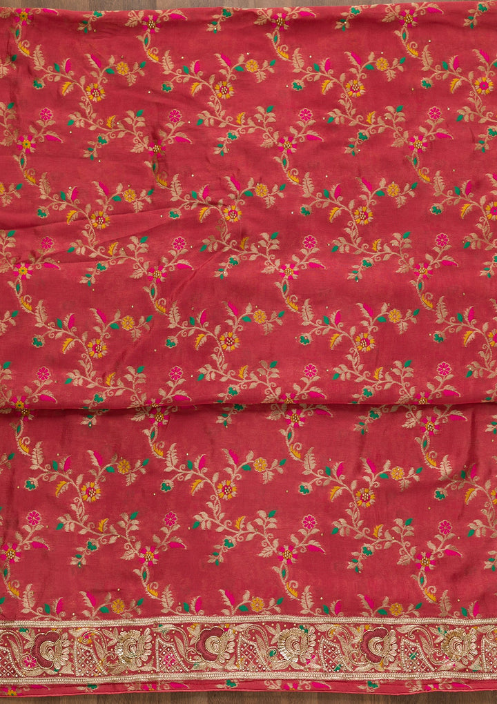 Rani Pink Printed Brocade Unstitched Salwar Kameez-Koskii
