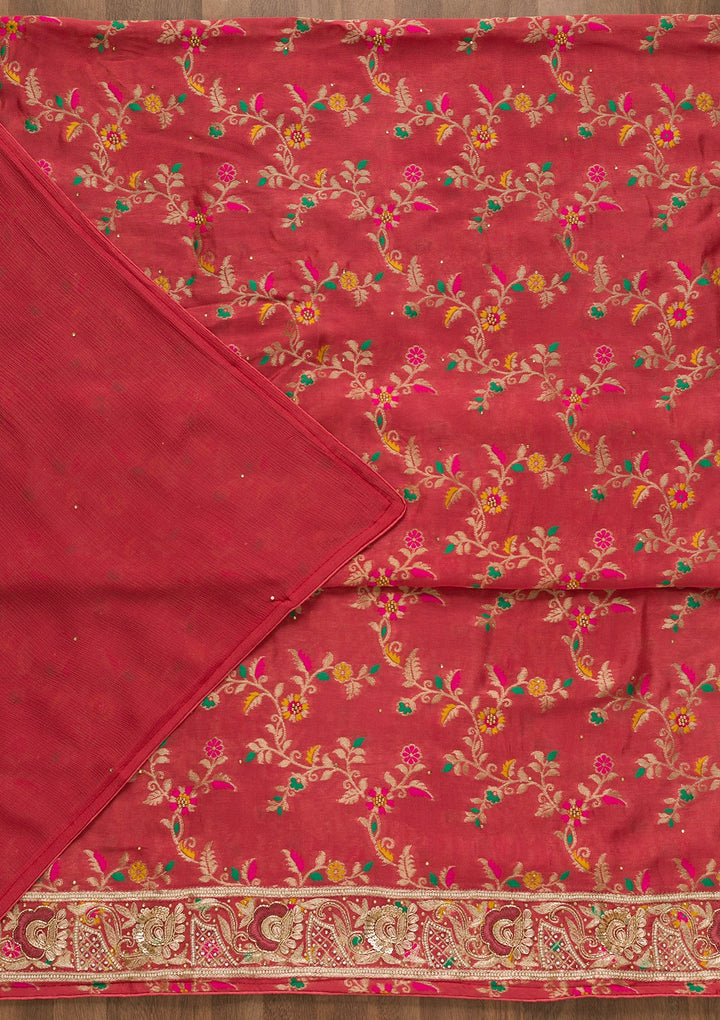 Rani Pink Printed Brocade Unstitched Salwar Kameez-Koskii