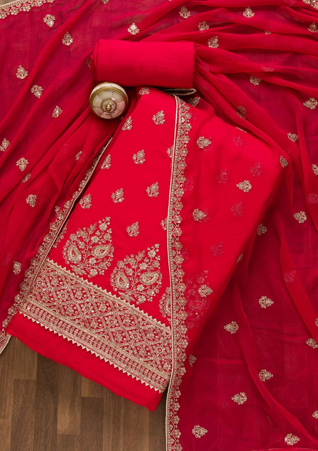 Rani Pink Zariwork Chiffon Unstitched Salwar Kameez-Koskii