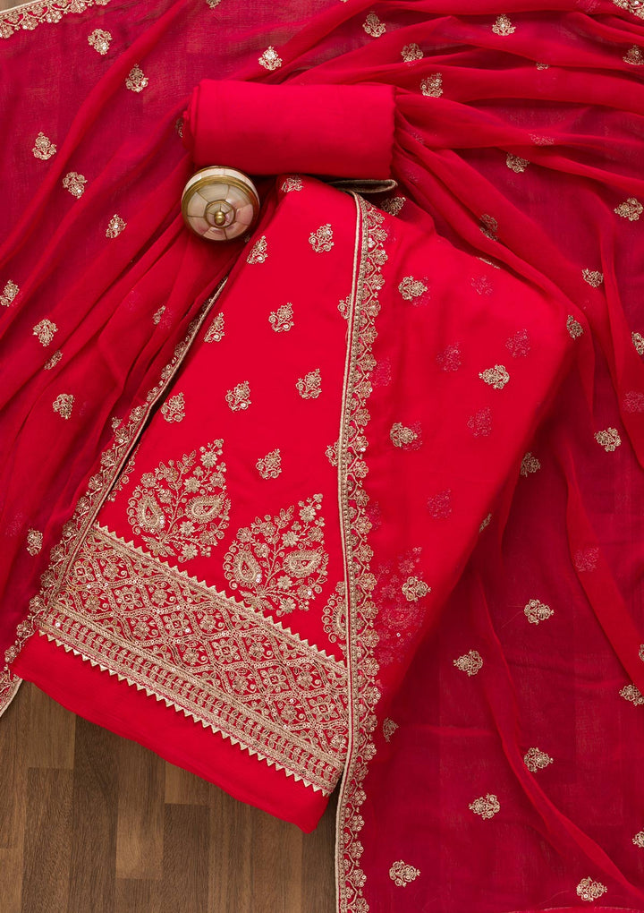 Rani Pink Zariwork Chiffon Unstitched Salwar Kameez-Koskii